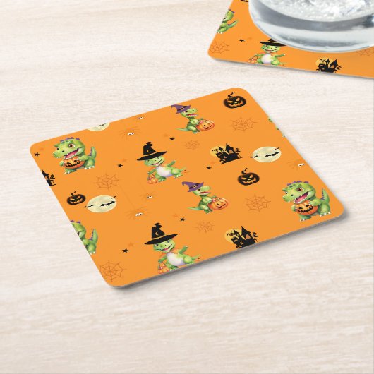 Schattigee Dinosaurus spelen pompoen truc om hallo Kartonnen Onderzetters (Schuin)