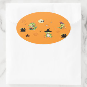 Schattigee Dinosaurus spelen pompoen truc om hallo Ovale Sticker