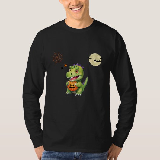 Schattigee Dinosaurus spelen pompoen truc om hallo T-shirt (Voorkant)