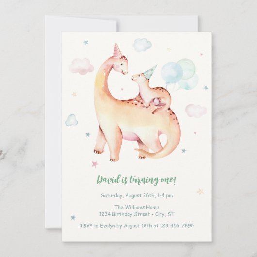 Schattigee dinosaurus thema 1e verjaardag kaart (Voorkant)