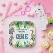 Schattigee Dinosaurus Thema 1e Verjaardags Jongen  Papieren Bordje (Feest)