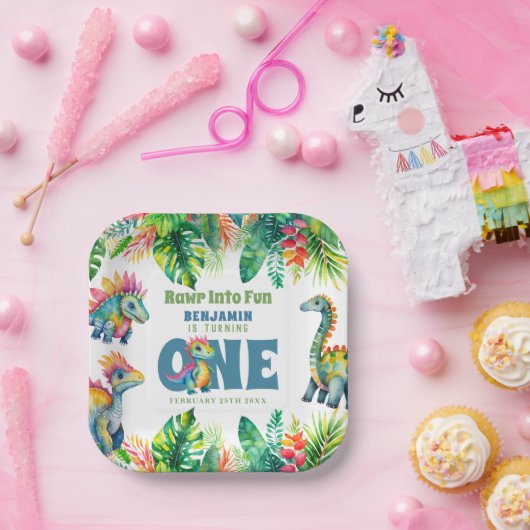 Schattigee Dinosaurus Thema 1e Verjaardags Jongen  Papieren Bordje (Feest)