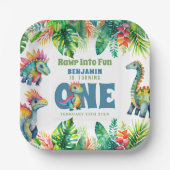 Schattigee Dinosaurus Thema 1e Verjaardags Jongen  Papieren Bordje (Voorkant)