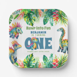 Schattigee Dinosaurus Thema 1e Verjaardags Jongen  Papieren Bordje