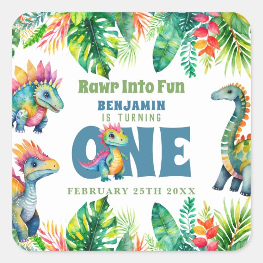 Schattigee Dinosaurus Thema 1e Verjaardags Jongen  Vierkante Sticker (Voorkant)