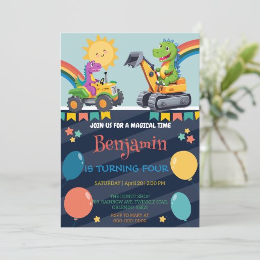 Schattigee dinosaurus tractor ballonjongen School  Save The Date (Staand voorkant)