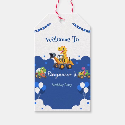 Schattigee dinosaurus tractor graven vrachtwagenba cadeaulabel (Voorkant)