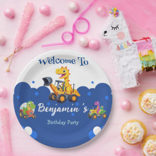 Schattigee dinosaurus tractor graven vrachtwagenba papieren bordje