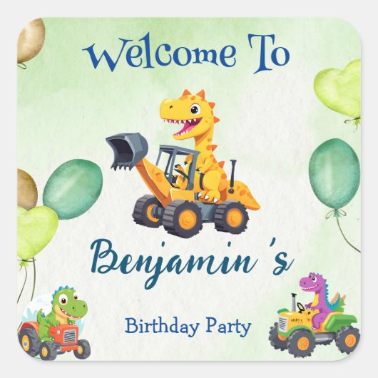 Schattigee dinosaurus tractor graven vrachtwagenba vierkante sticker (Voorkant)