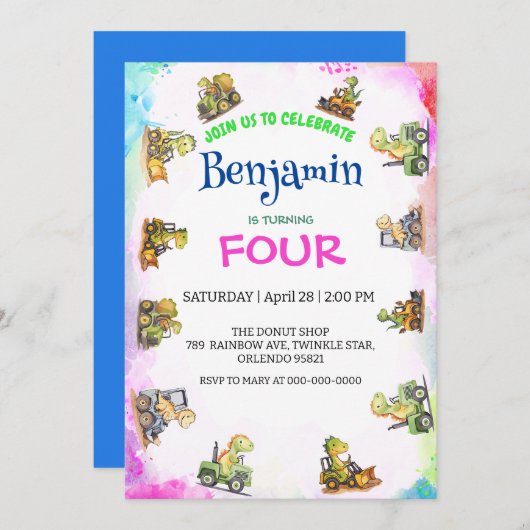 Schattigee dinosaurus tractor Rainbow B2S School V Kaart (Voorkant / Achterkant)