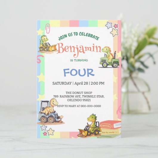 Schattigee dinosaurus tractor Rainbow B2S School V Kaart (Staand voorkant)