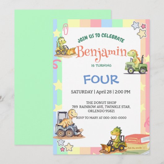 Schattigee dinosaurus tractor Rainbow B2S School V Kaart (Voorkant / Achterkant)