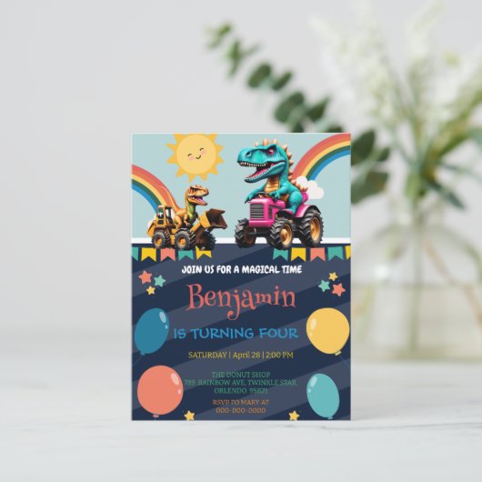 Schattigee dinosaurus tractor regenboogballon Verj Briefkaart (Staand voorkant)
