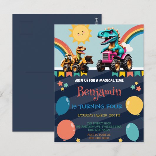 Schattigee dinosaurus tractor regenboogballon Verj Briefkaart (Voorkant / Achterkant)