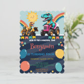 Schattigee dinosaurus trekker regenboog Verjaardag Save The Date (Staand voorkant)