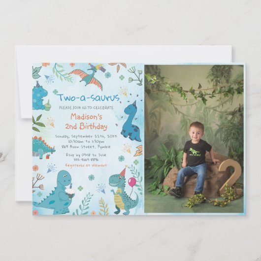 Schattigee Dinosaurus Two-A-Saurus 2e Verjaardagsf Kaart (Voorkant)
