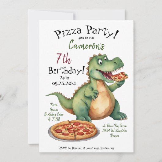 Schattigee Dinosaurus Verjaardag Pizza Party Kaart (Voorkant)