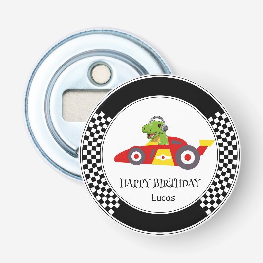 Schattigee Dinosaurus Verjaardag racing auto jonge Button Flesopener (Voorkant)