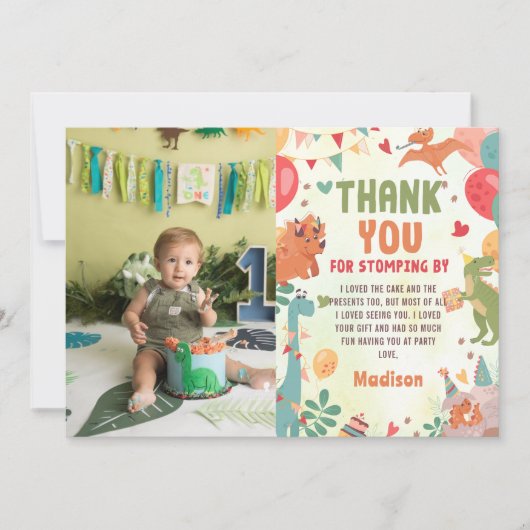 Schattigee Dinosaurus Verjaardagsfeest Foto Bedank Bedankkaart (Voorkant)