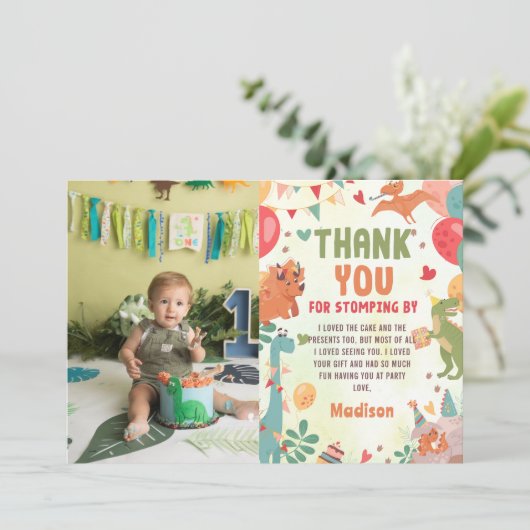 Schattigee Dinosaurus Verjaardagsfeest Foto Bedank Bedankkaart (Staand voorkant)
