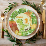 Schattigee Dinosaurus verjaardagsfeestje gepersona Papieren Bordje<br><div class="desc">Schattigee Dinosaurus verjaardagsfeest gepersonaliseerde party borden met leuke dinosaurussen vulkaan,  voor kleinere kinderen verjaardagsfeest gepersonaliseerde tafel decor</div>