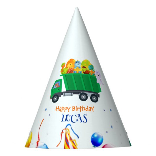 Schattigee Dinosaurus vuilniswagen ballon verjaard Feesthoedjes (Voorkant)