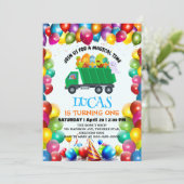 Schattigee Dinosaurus vuilniswagen ballon verjaard Kaart (Staand voorkant)