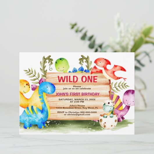 Schattigee Dinosaurus Wild Een 1e Verjaardagsuitno Kaart (Staand voorkant)