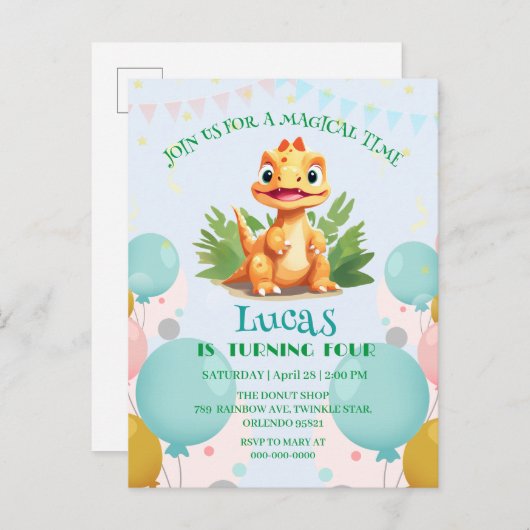 Schattigee dinosaurus wilde oerwoud dierentuin Ver Uitnodiging Briefkaart (Voorkant / Achterkant)