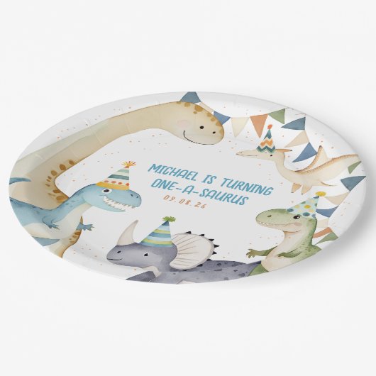 Schattigee dinosaurusjongen dinomiet verjaardagsfe papieren bordje (Gekanteld)