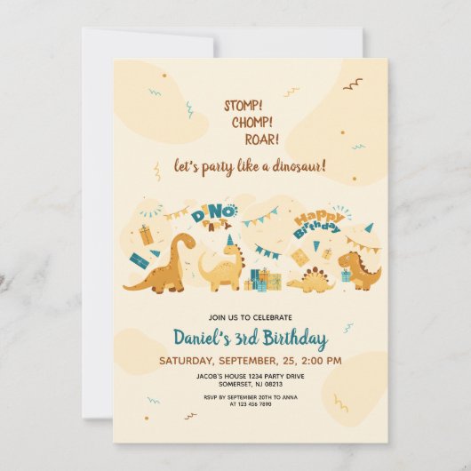 Schattigee Dinosaurussen 3e Verjaardag Dino Party Kaart (Voorkant)