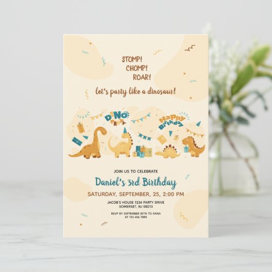 Schattigee Dinosaurussen 3e Verjaardag Dino Party Kaart (Staand voorkant)
