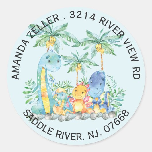 Schattigee dinosaurussen Baby shower retour adres  Ronde Sticker (Voorkant)