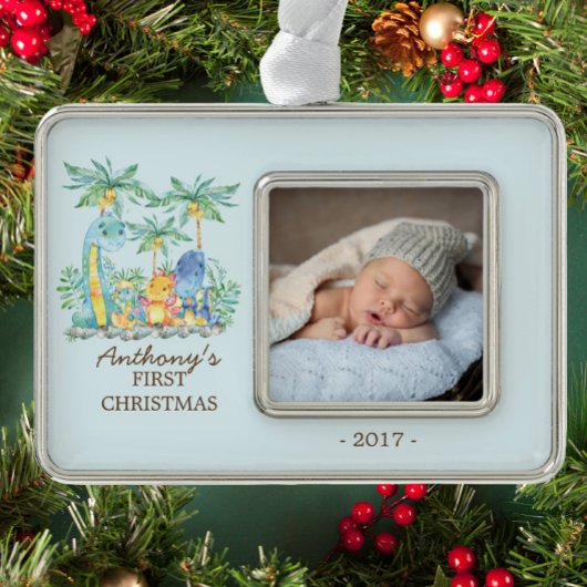Schattigee Dinosaurussen Baby's 1e Kerstmis Foto O Verzilverd Omlijst Ornament