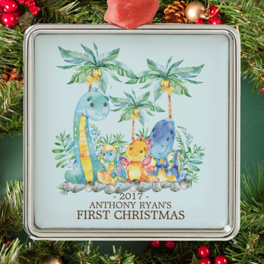 Schattigee Dinosaurussen Baby's Eerste Kerstmis Or Metalen Ornament