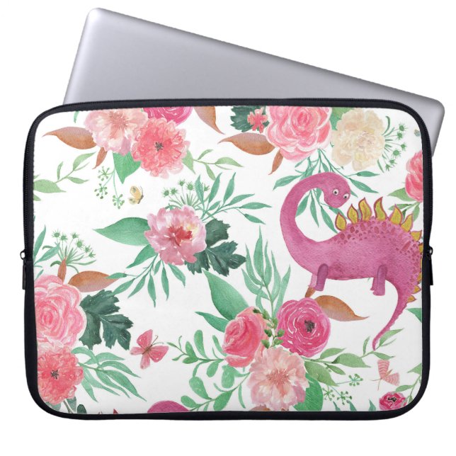 Schattigee dinosaurussen  bloemmotief laptop sleeve (Voorkant)