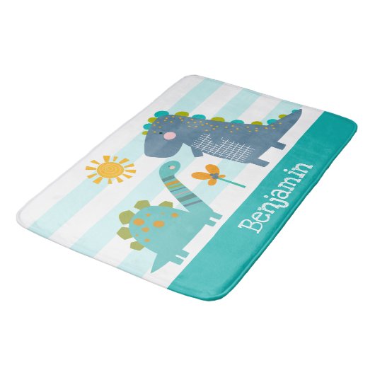 Schattigee Dinosaurussen Boy Blue Stripes Naam Fun Badmat (Gekanteld)