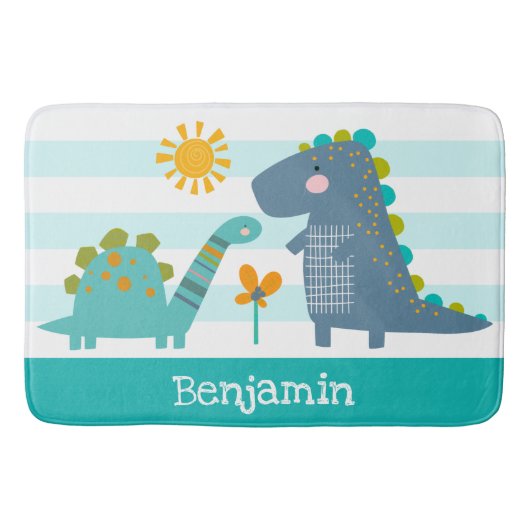 Schattigee Dinosaurussen Boy Blue Stripes Naam Fun Badmat (Voorkant)