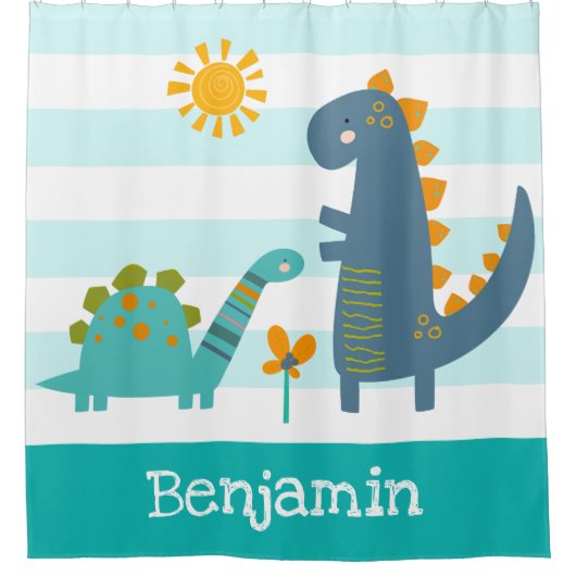 Schattigee Dinosaurussen Boy Blue Stripes Naam Fun Douchegordijn (Voorkant)