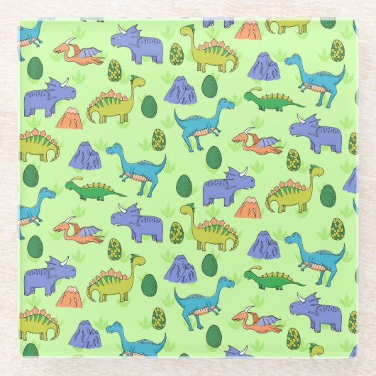 Schattigee dinosaurussen, Cartoon stijl. Glazen Onderzetter (Voorkant)