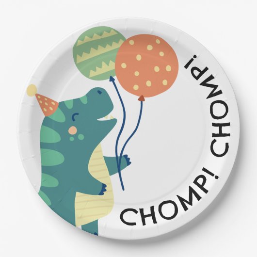 Schattigee Dinosaurussen Chomp Verjaardagsfeest Papieren Bordje (Voorkant)