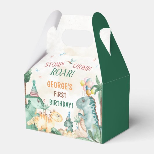 Schattigee dinosaurussen eerste verjaardagsfeest bedankdoosjes (Achterkant)