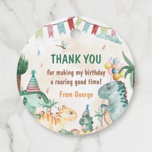 Schattigee dinosaurussen eerste verjaardagsfeest bedankjes labels (Achterkant)