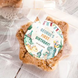 Schattigee dinosaurussen eerste verjaardagsfeest ronde sticker