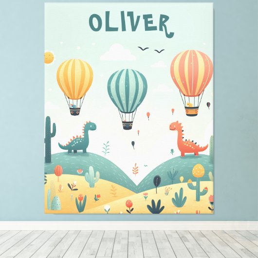 Schattigee dinosaurussen en heteluchtballonnen canvas afdruk (Insitu (Houten vloer))