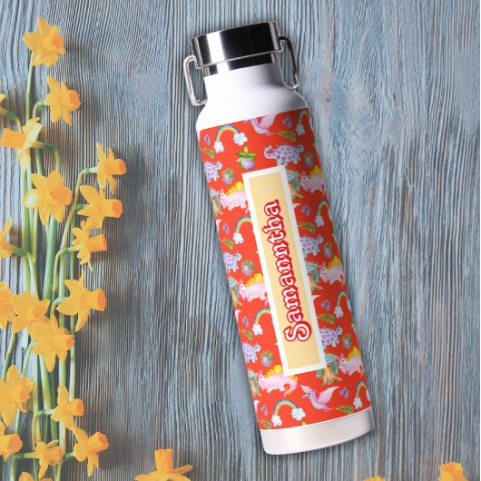 Schattigee dinosaurussen en regenbogen waterfles