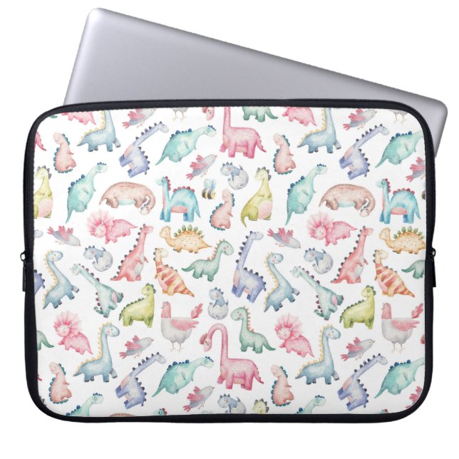 Schattigee dinosaurussen, het waterverf-patroon va laptop sleeve (Voorkant)