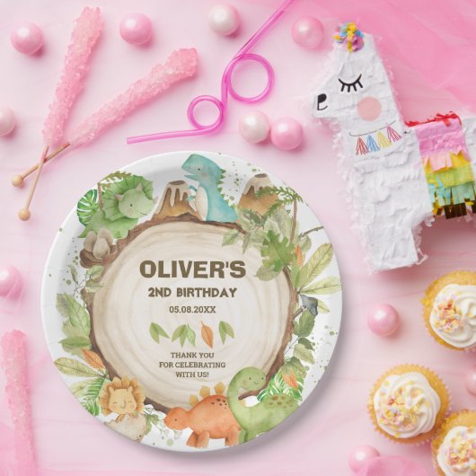 Schattigee Dinosaurussen Jongen Verjaardagsgroen B Papieren Bordje (Feest)