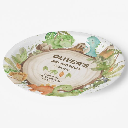 Schattigee Dinosaurussen Jongen Verjaardagsgroen B Papieren Bordje (Gekanteld)