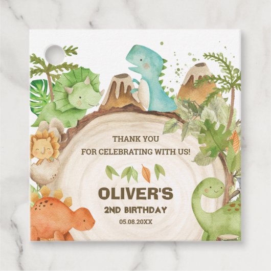 Schattigee Dinosaurussen Jongen Verjaardagsgroen L Bedankjes Labels (Voorkant)